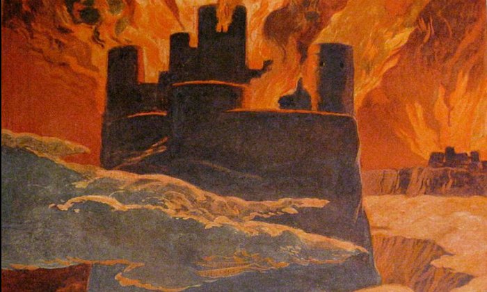 A scene from the last phase of Ragnarök, after Surtr has engulfed the world with fire. The surrounding text implies that this is Ásgarðr (Asgard) burning.