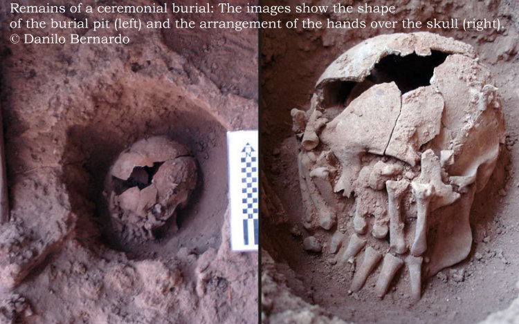 Remains of a ceremonial burial: The images show the shape of the burial pit (left) and the arrangement of the hands over the skull (right). © Danilo Bernardo