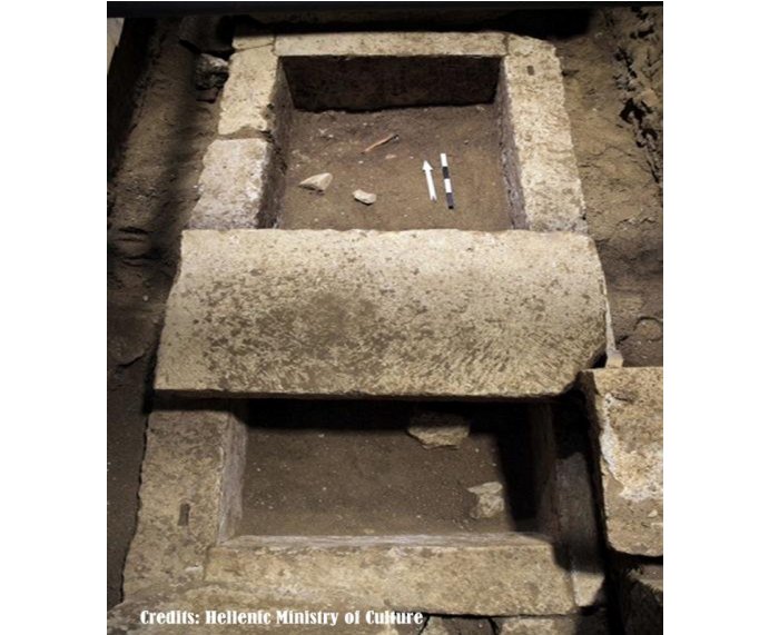 The skeletal remains were found both inside and outside the rectangular stone-lined cist (pictured), under the floor of the cavernous, vaulted structure that is 26 feet (eight metres) tall. They are undergoing DNA analysis