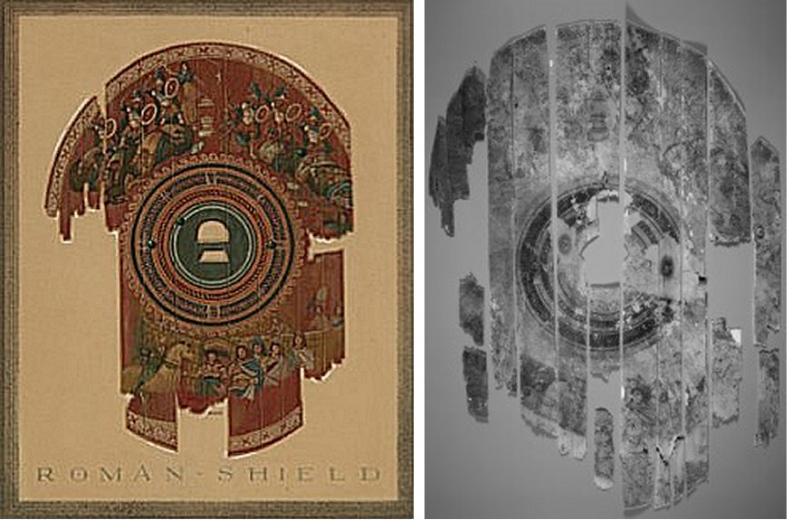 Left: Herbert J. Gute, “Wooden Shield with Scenes from the Trojan War,” 1935 or 1936. Watercolor on paper. Commissioned by Yale University. (Yale University Art Gallery); Right: An infrared reflectogram of the shield allows visualization of the carbon-based pigment or ink used for drawing. (Yale University Art Gallery)