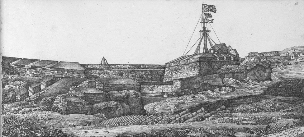 Fort at Kannur (St. Angelo Fort) in Southern India - Pen-and-ink drawing of the fort at Kannur by Thomas Cussans (1796-1870). credits: wikipedia