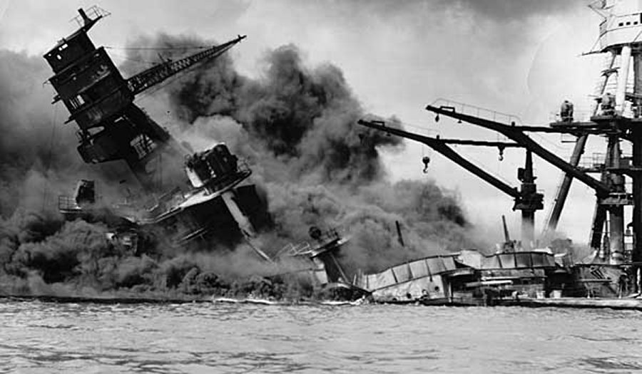 A U.S. battleship sinks during the Japanese attack on Pearl Harbor, Hawaii, in 1941. National Archives, Washington, D.C.