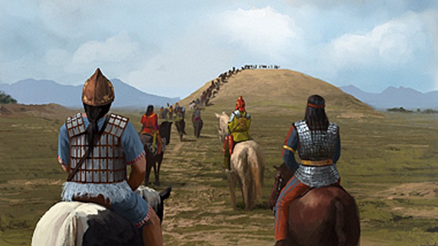 Artist's impression of how a Scythian funeral process may have looked like. A typical Scythian burial mound (or kurgan) is visible in the background. credits: ancient.eu.