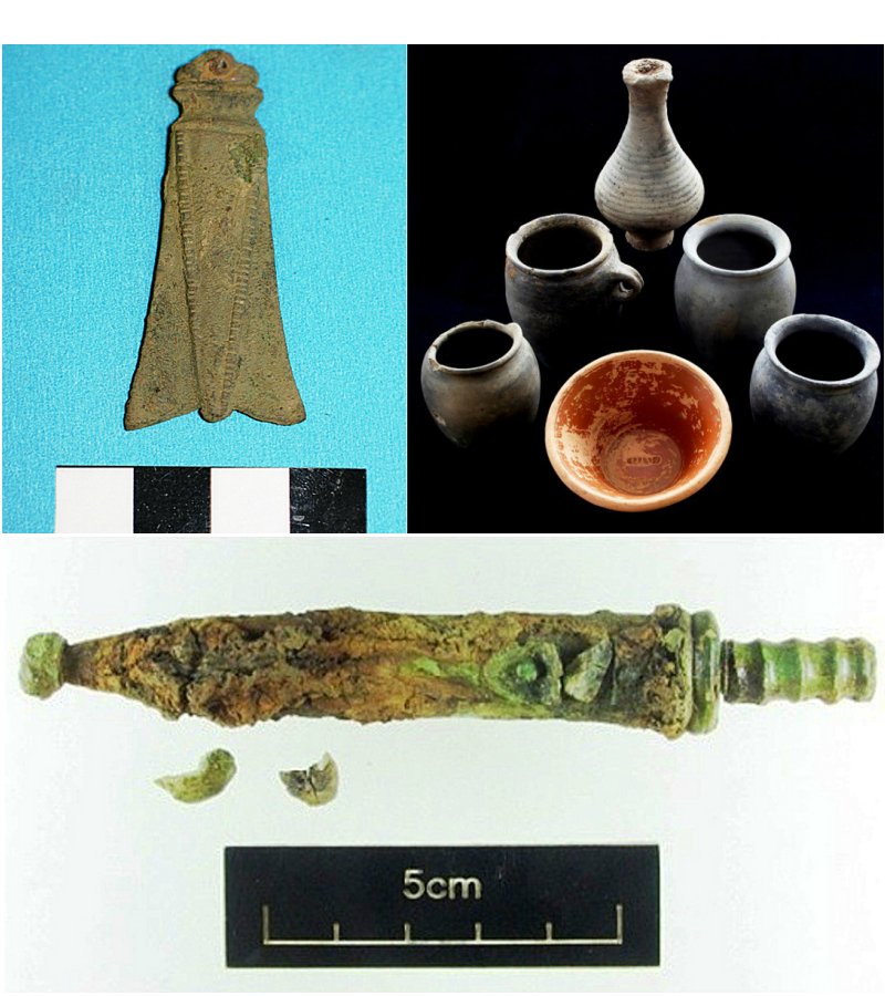 Another extremely rare find is a miniature sword, complete with iron blade, copper alloy scabbard and bone handle recovered during excavations at Scotch Corner – thought to an offering for the gods or a small pocket knife. Ceramic pots and personal possessions have also been found alongside human remains at a Roman cemetery at Bainesse, which are thought to have been gifts for the dead. Credits: Gov.uk