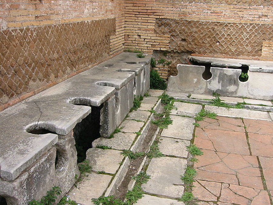 The Romans are well known for introducing sanitation technology to Europe around 2,000 years ago, including public multi-seat latrines with washing facilities, sewerage systems, piped drinking water from aqueducts, and heated public baths for washing. Photo: Fubar Obfusco via Wikimedia Commons