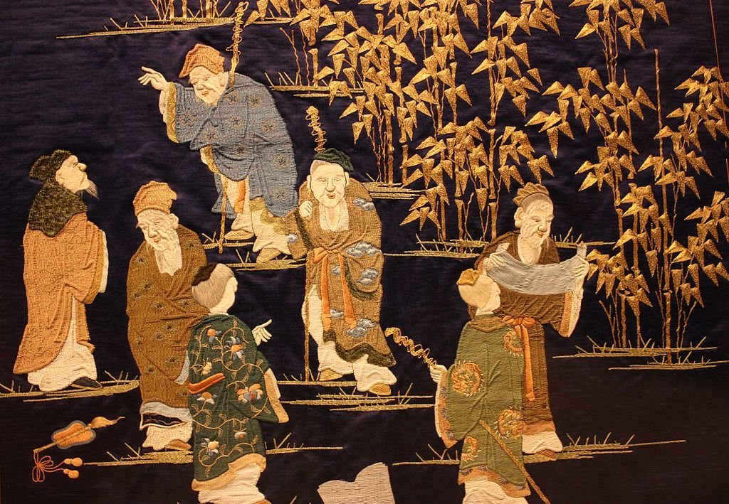 The Seven Sages of the Bamboo Grove embroidered on dark blue satin woven silk, 1860-1880. Image credit: Wikipedia