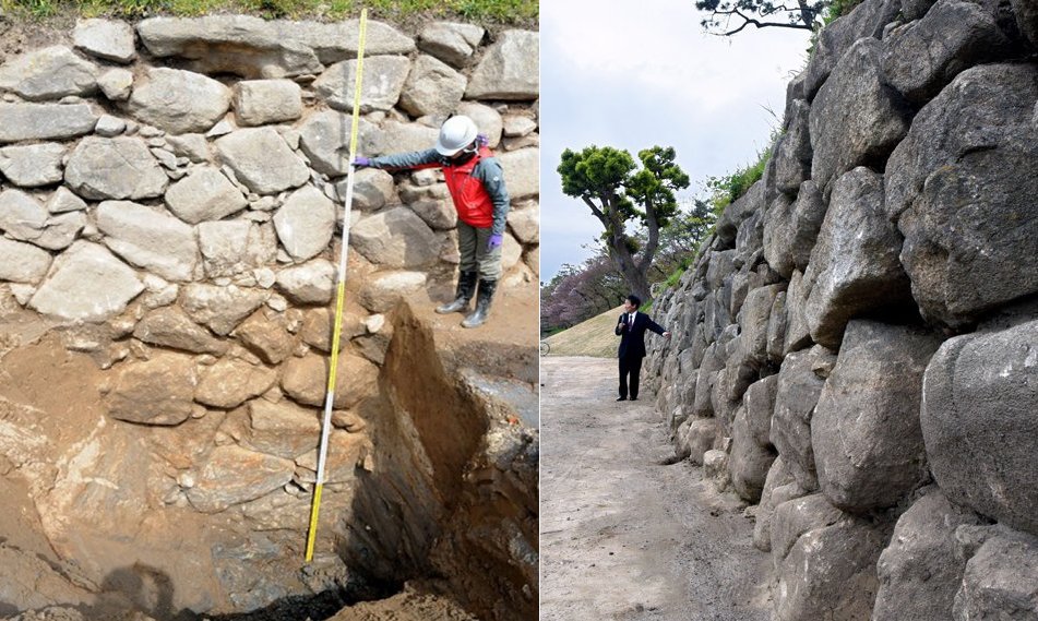 Left: A dig shows the stone wall of Okazaki Castle and a portion that was buried in Okazaki, Aichi Prefecture. (Provided by Okazaki’s education board); Right: A section of the stone wall around Okazaki Castle near the riverbed of Otogawa river (Go Kitaueda)