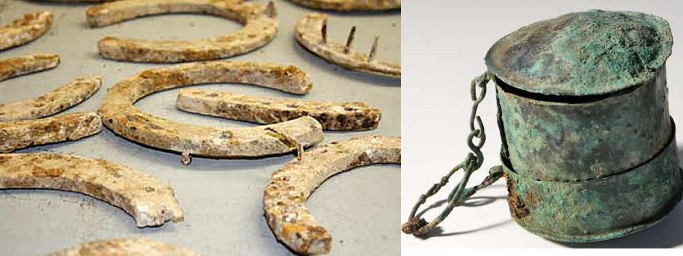Left: World War One horseshoes © Crown Copyright / MOD2016; Right: This workbox was found in the grave of a woman on Ministry of Defence land in Bulford. © Wessex Archaeology