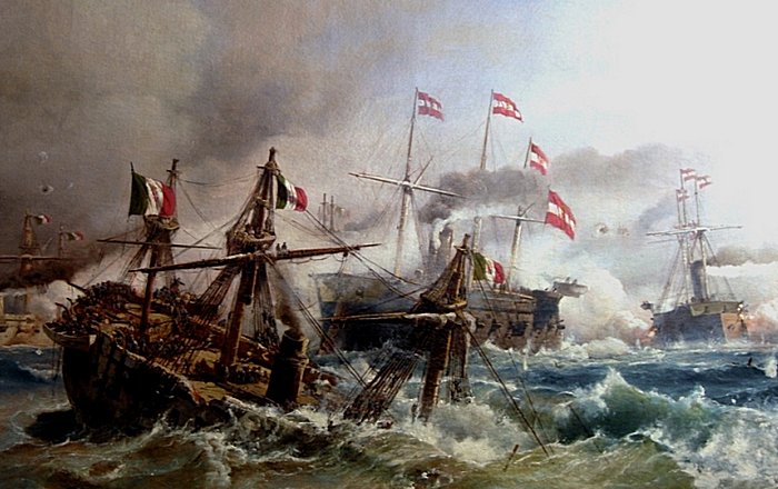 Lissa naval battle, July 20th,1866; the Austrian navy against the Italian fleet. The RN Re d'Italia is sinking after being rammed by Tegetthoff's flagship, the SMS Ferdinand Max.