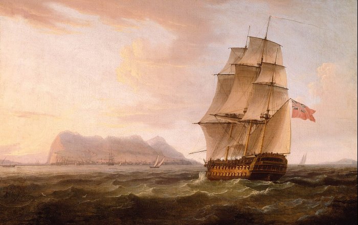 A British Man of War before the Rock of Gibraltar.