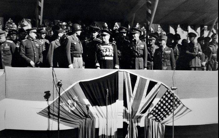 Berlin Victory Parade 1945. In the stands: US General George S. Patton, Marshal of the Soviet Union Zhukov, British Major General Brian Robertson and French General Pierre Kœnig.