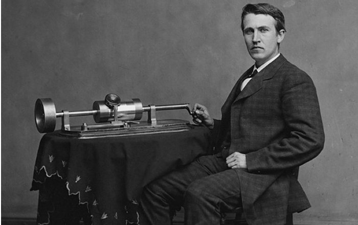 Photograph of Edison with his phonograph (2nd model), taken in Mathew Brady's Washington, D.C. studio in April 1878
