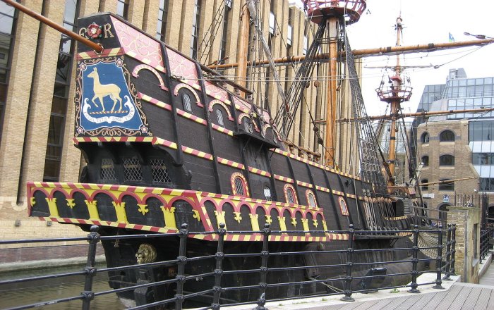Replica of the Elizabethan galleon, The Golden Hind, captained by Francis Drake in 16th Century, Southwark, London, UK