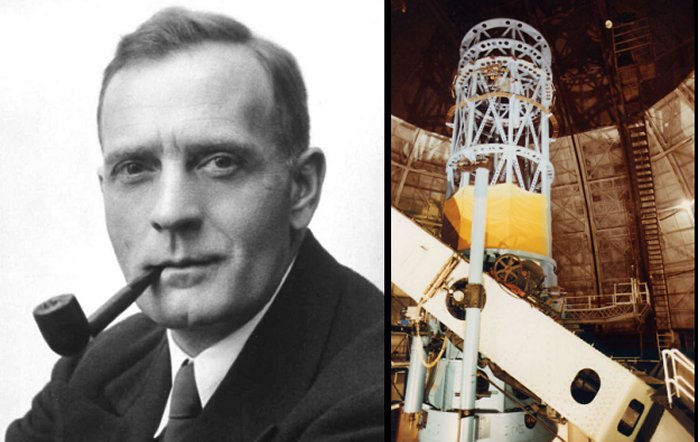 Left: Studio Portrait of Edwin Powell Hubble. Photograph (1931) by photographer Johan Hagemeyer (1884-1962)- http://hdl.huntington.org/cdm/ref/collection/p15150coll2/id/129 - Public Domain; Right: The 100-inch (2.5 m) Hooker telescope at Mount Wilson Observatory that Hubble used to measure galaxy distances and a value for the rate of expansion of the universe. Andrew Dunn - http://www.andrewdunnphoto.com/ - CC BY-SA 2.0