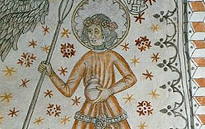 Medieval stone painting by Canute Lavard in the Church of Vigersted, on the outskirts of Ringsted, Denmark.