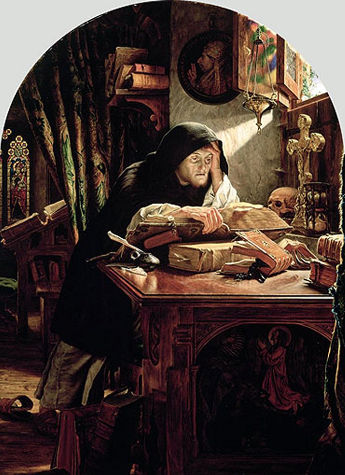 Luther at Erfurt, which depicts Martin Luther discovering the doctrine of sola fide (by faith alone). Painting by Joseph Noel Paton, 1861.