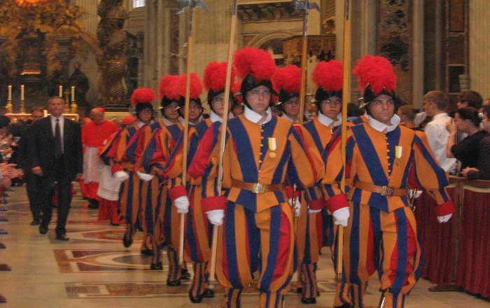Group of Pontifical Swiss Guard inside St. Peter's Basilica.