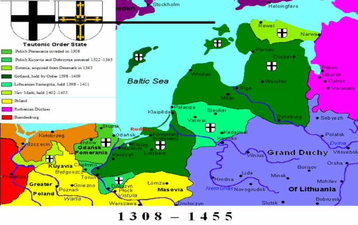 Historical map of the Religious State 1308-1455 incl. Localization Rudau
