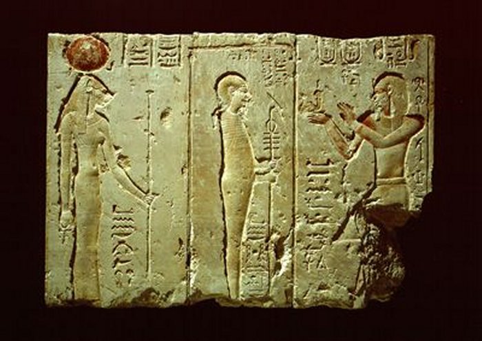 Panel A shows Ptolemy II Philadelphus standing before Ptah, adoring him and presenting with his right hand a statuette of Ma'at to the god. Image via Global Egyptian Museum