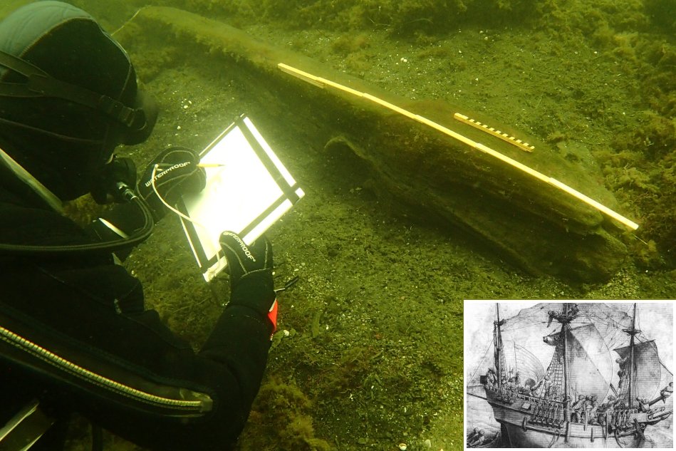 Archaeologist Jon Adams sketching the figurehead before it is raised to the surface. (Photo: Johan Rönnby, Södertörn University)