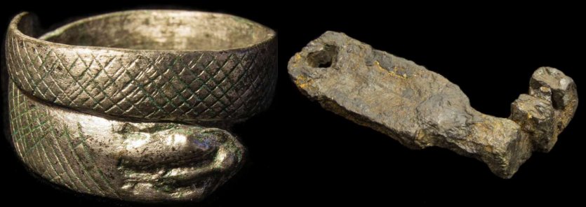 Left: A silver ring shaped like a snake which was found in Catterick © Northern Archaeological Associates; Right: One of the many keys found in Catterick, North Yorkshire. © Northern Archaeological Associates