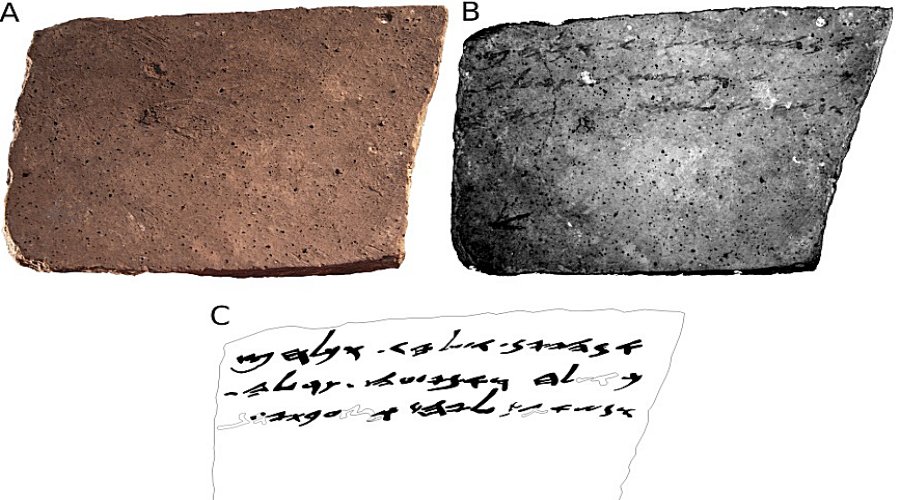 The verso of Arad Ostracon No. 16. (A) color (RGB) image; (B) MS image corresponding to 890 nm; (C) manual drawing (facsimile) of the proposed reading. Hollow shapes represent conjectured characters. Image credit: Tel Aviv University /via The Times of Israel