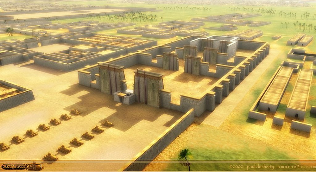 The Small Aten Temple This view is roughly easterly in direction and shows the Small Aten Temple which was close to the Pharaoh’s quarters on the left. Credits: Paul Docherty Principal Lecturer in 3D CG Teesside University