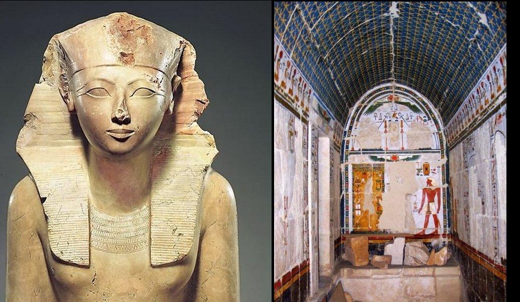 Left: Hatshepsut; Right: General view of the shrine of Anubis. Credits: Polish Archaeological and Conservation Mission of the temple of Hatshepsut at Deir El-Bahari