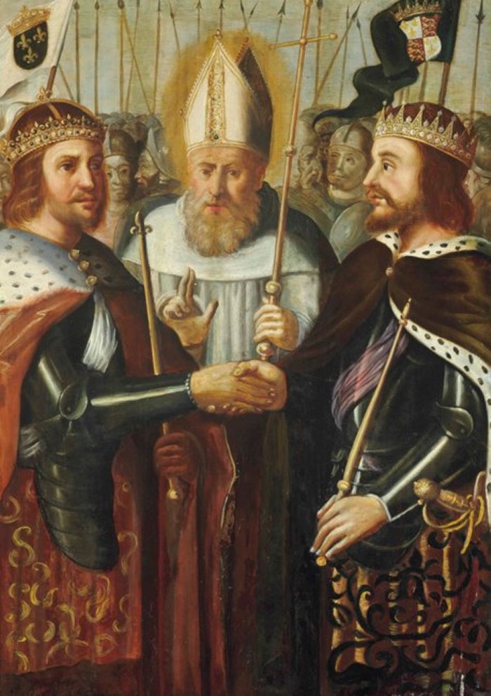 Alliance between the King of England and the King of France, most likely a depiction of the Treaty of Picquigny. Oil on panel, created by an artist from the circle of Jean Chalette (died 1643).