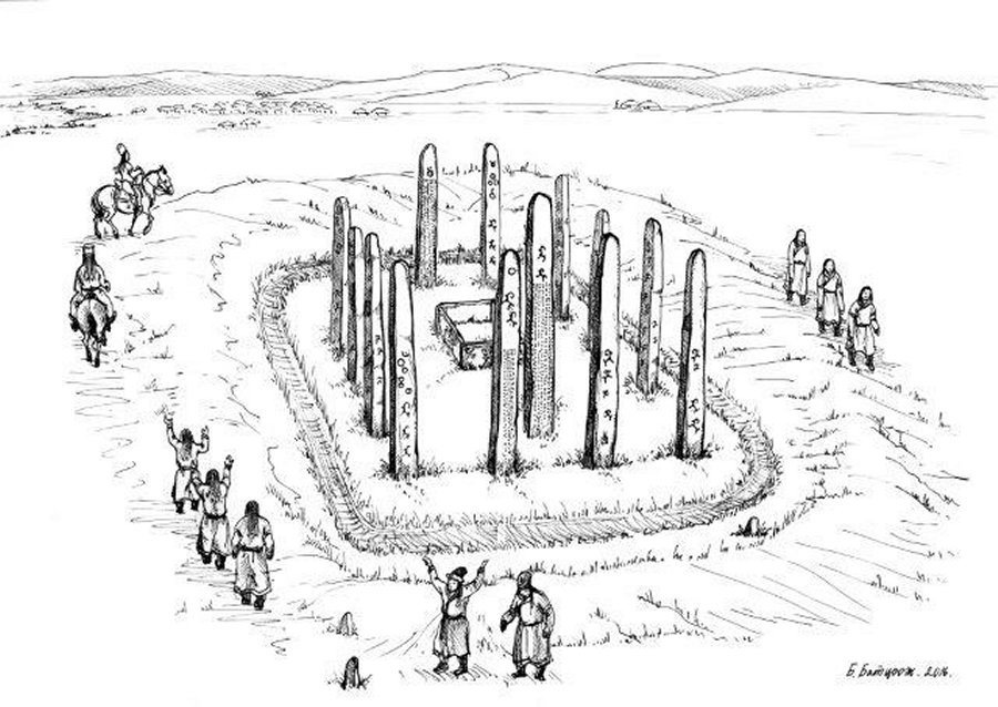 Illustration of a ritual conducted around the monument (drawn by former director of the National Museum of Mongolian History) (September 2016) (credit: Osaka University and Institute of History and Archaeology, Mongolian Academy of Science)