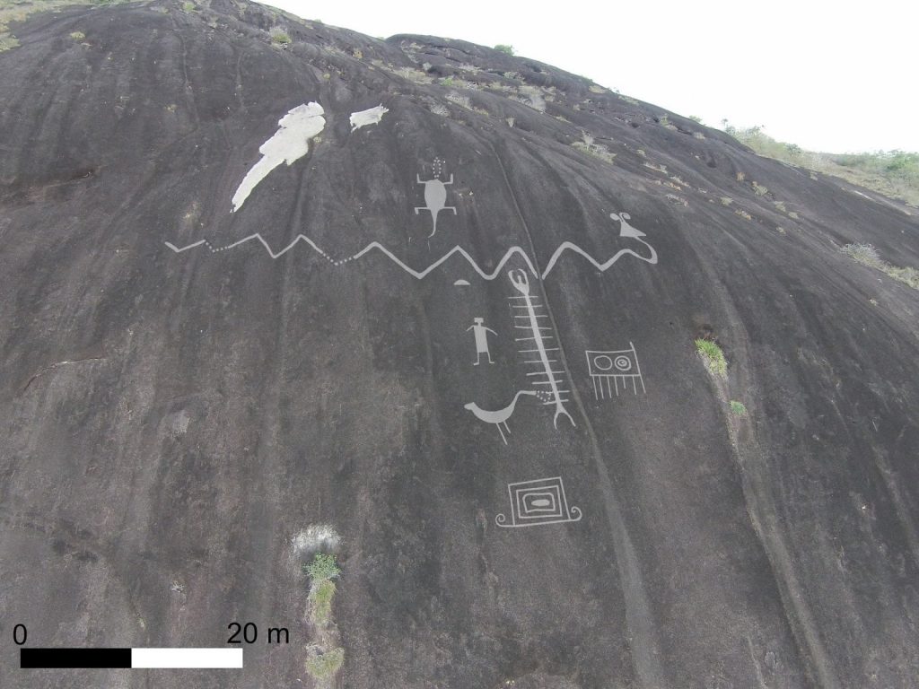 Aerial photograph of monumental Cerro Pintado petroglyphs with enhanced image overlay. Credit: Dr Philip Riris
