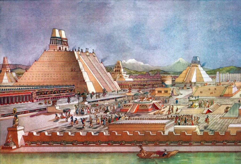 The central plaza of Tenochtitlán, the Aztec capital, included a pyramid temple to the war god, left, temples to other gods, and palaces. Image credit: Field Museum of Natural History, Chicago