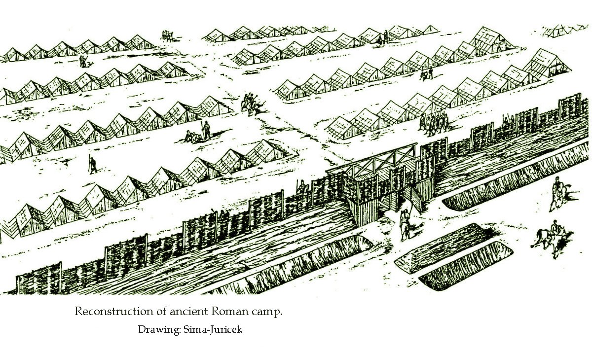 Reconstruction of ancient Roman camp. Drawing: P. Sima-Juricek