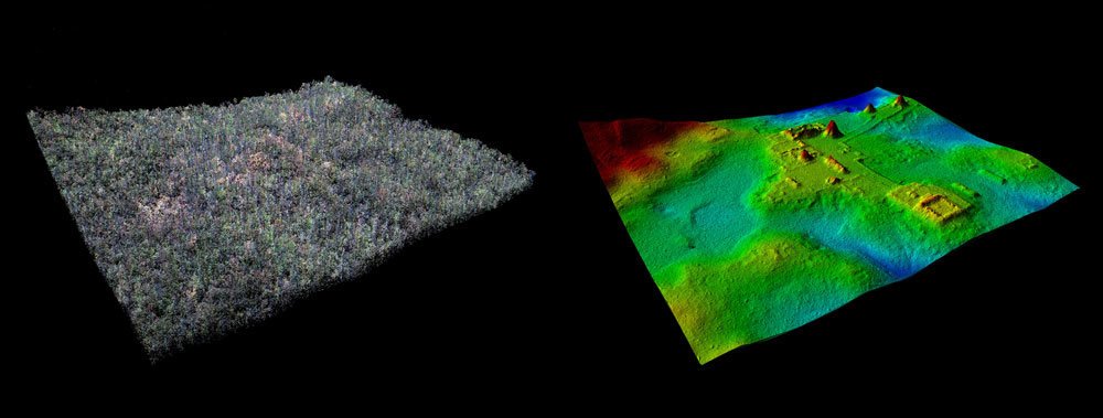 A comparison of LiDAR data showing the ancient Maya site of El Zotz covered in trees (left), and with the trees digitally removed. Image : Ithaca College