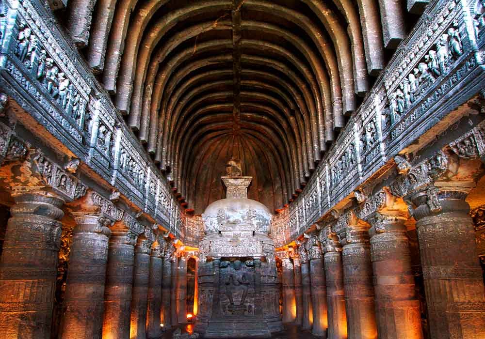 The Ajanta Caves are 29 (approximately) rock-cut Buddhist cave monuments, which date from the 2nd century BCE to about 480 CE in Aurangabad district of Maharashtra state of India. The caves include paintings and rock-cut sculptures described as among the finest surviving examples of ancient Indian art, particularly expressive paintings that present emotion through gesture, pose and form.