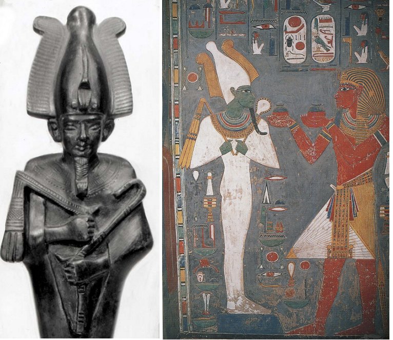Osiris: bronze figurine of the Late Period; Egyptian Museum, Berlin/Staatliche Museen Preussischer Kulturbesitz, Berlin. Right: Horembeb before Osiris.10th Dynasty , Tomb of Horembeb, Valley of the Kings, western Thebes