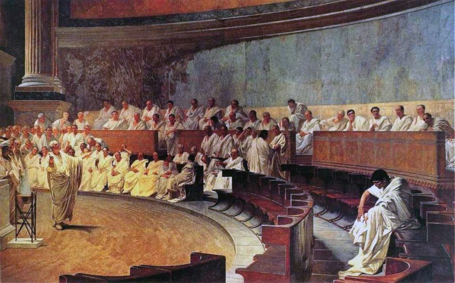 Representation of a sitting of the Roman Senate: Cicero attacks Catilina, from a 19th-century fresco
