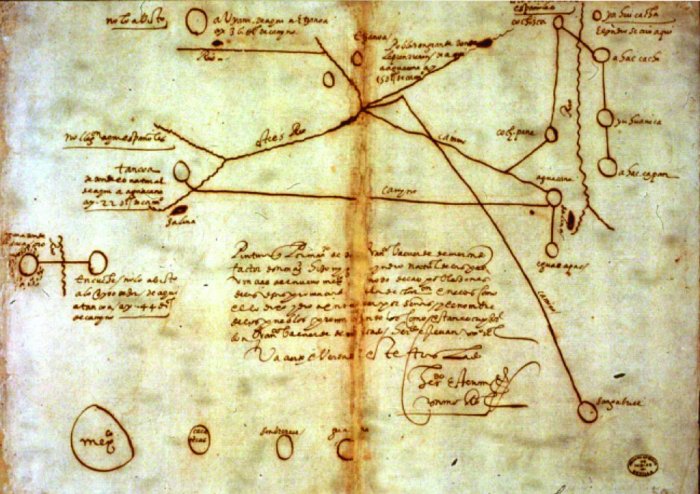 This map was drawn in 1602 by a Wichita Indian who was captured by the Spanish. The circular figures represent native settlements. Etzanoa is depicted by two circles with a diagonal line between them at the top center of the map. Image Credit: General Archives of Maps and Plans, Mexico City. Image credit: Archaeological Conservancy