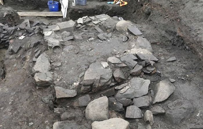 The likely foundation for the altar where St. Olaf’s coffin was placed in 1031. Image credit: NIKU