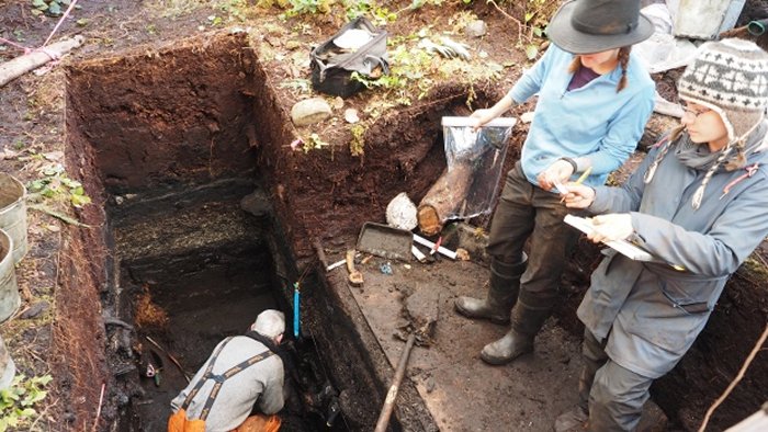 Members of the archeology team, from left to right, John Maxwell, Alisha Gauvreau, and Seonaid Duffield work on excavating the site. (Joanne McSporran )