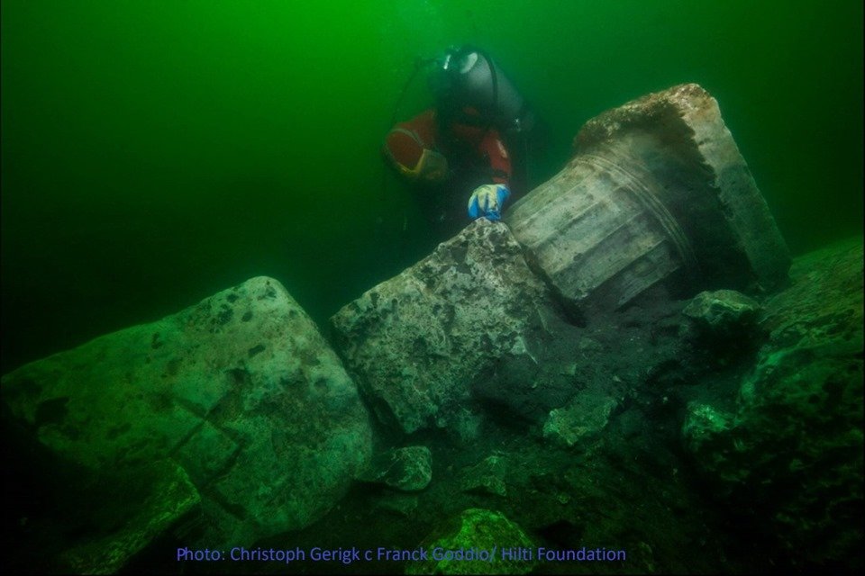 Granite columns and a Greek temple were found during recent dives and studies in the ancient sunken harbour city Heracleion, off Egypt 's north coast. Image credit: Ministry of Antiquities