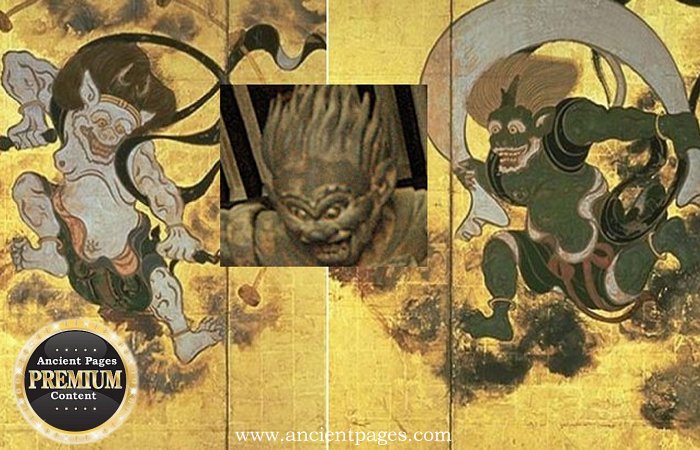 Raijin: Shinto God Of Thunder And Lightning With Three Fingers Representing Past, Present And Future