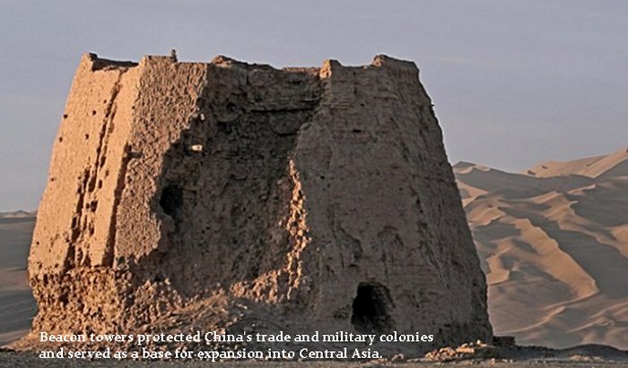 The ruins of a Han Dynasty (202 BC - 220 AD) Chinese watchtower made of rammed earth at Dunhuang.