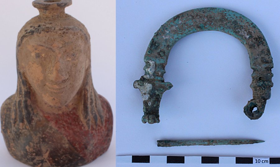 The bottle of perfume oil called "aryballos" dates back to the sixth century B.C. to the seventh century B.C. ( AA PHOTO); As the dress needle known as "fibula" belongs to the archaic period, it revealed that civilizations in the Lower City had been established much earlier. (AA PHOTO)