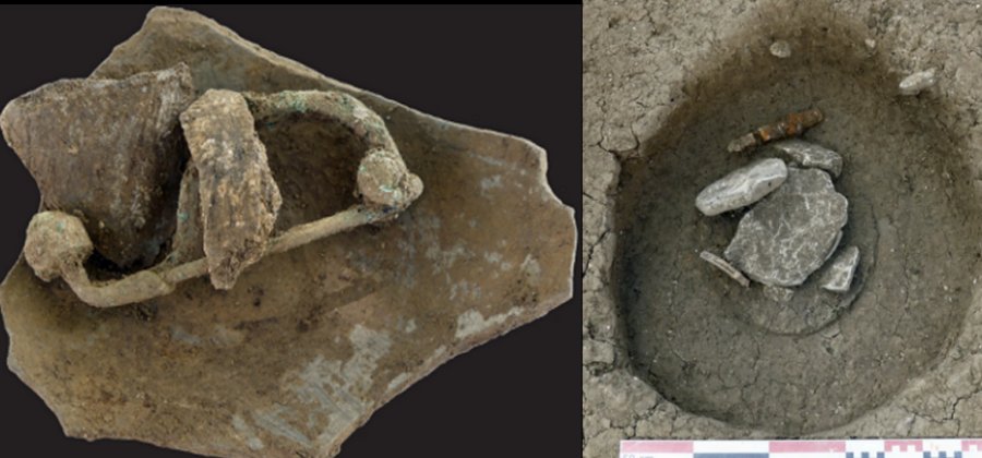 Left: Deposit of burnt bones and a fibula in copper alloy found at the bottom of an ossuary. Image credit: Claire Molliex/Inrap; Right: Gallic burial; ossuary under its limestone cover. Image credit: Florent Mazière, Inrap