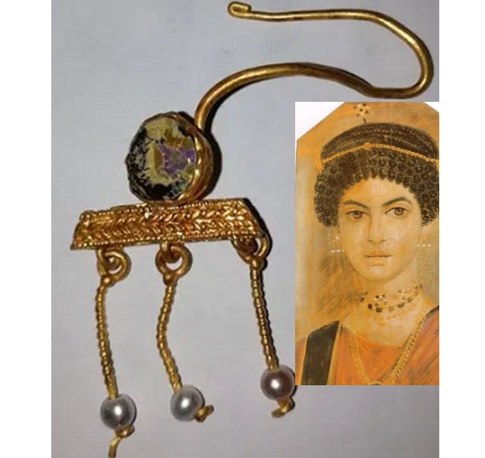 The gold earring found in the Roman city of Deultum – Debelt in Southeast Bulgaria appears to be the same as the earrings worn by the woman depicted in this Fayum mummy portrait. Photos: Deultum – Debelt Archaeological Preserve