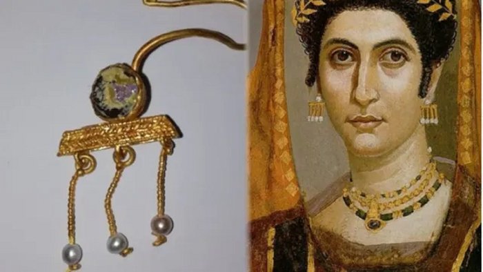 The newly discovered Roman gold earring from Deultum (left) is similar or the same as women’s earrings depicted in the Fayum mummy portrats from Roman Egypt (right, and also see below). Photos: Deultum – Debelt Archaeological Preserve