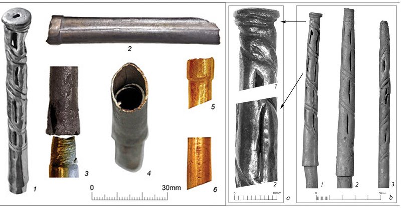 Left: The design of the ‘sceptre’ components from the Maikop kurgan: 1) one of eight silver perforated tips; 2) joint between two segments of the silver tube, and longitudinal seam; 3–5) types of fittings; 6) probable soldered longitudinal seam (photographs by V. Trifonov).; Right: Three of eight silver perforated silver tips from the Maikop kurgan: a) enlarged images of the design and slits; b) the silver tips in their original position (photographs a1–2 by V. Trifonov; b1–3 courtesy of the Institute for the History of Material Culture, Russian Academy of Sciences, St Petersburg, Russia).