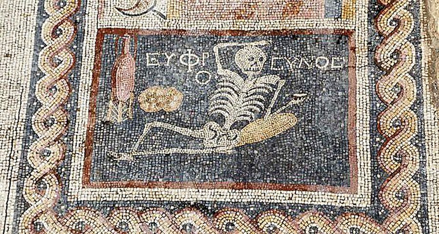 The mosaic, called the "skeleton mosaic," belonged to the dining room of a house from the 3rd century B.C., as new findings have been unearthed in the ancient city of Antiocheia. Credits: AA Photo