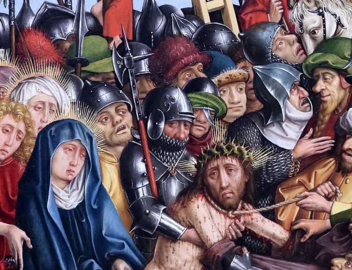 In an early 15th-century painting, a discerning historian’s eye sees two soldiers (one in yellow, one behind red plume) with facial features indicative of advanced syphilis leading Christ to his crucifixion. Credit: The Disrobing of Christ from the Karlsruhe Passion (detail), c.1440. Staatliche Kunsthalle Karlsruhe, Strasbourg